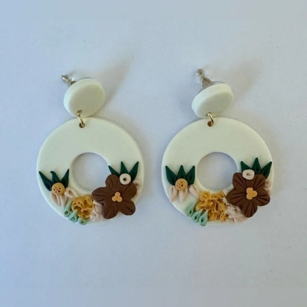 White Floral Circle Earrings